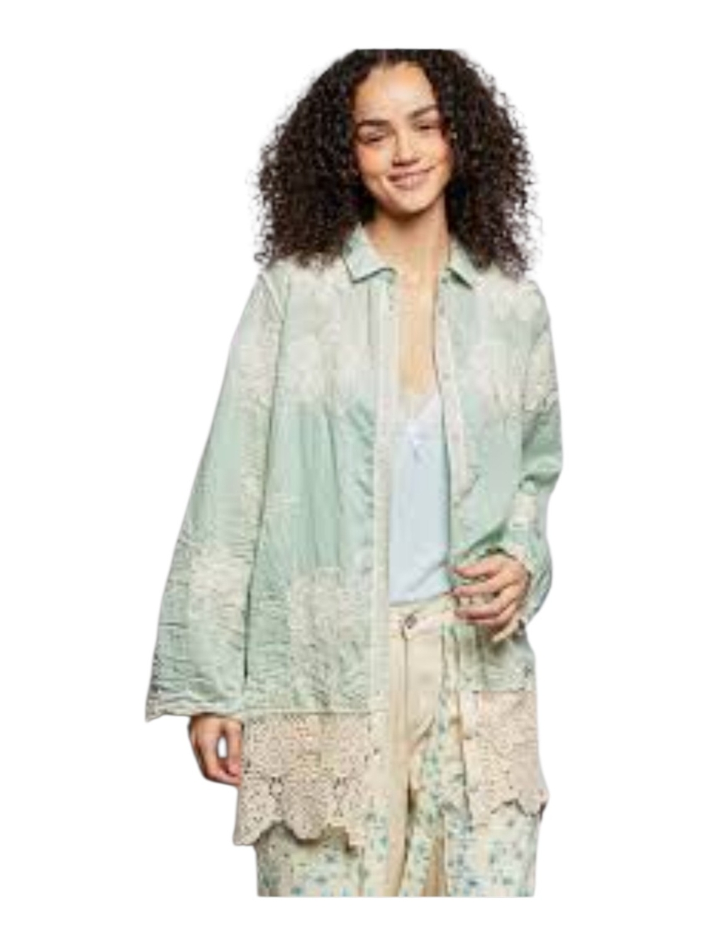 POL Mint Green Lace-Trim Button-Up Top